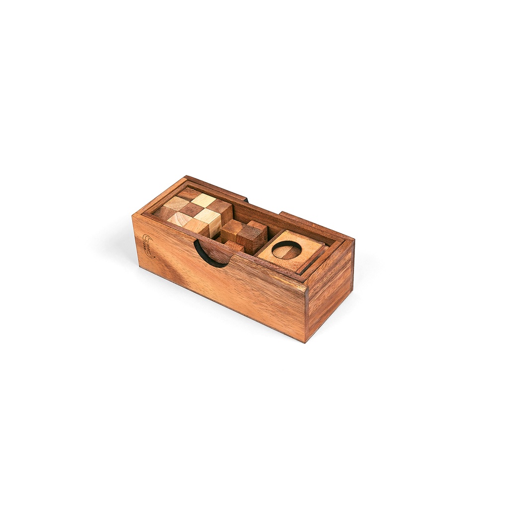 3 puzzles in a wooden box